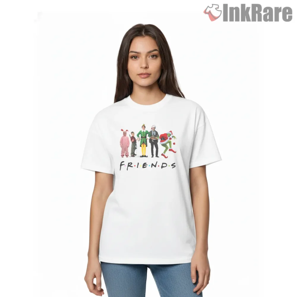 Christmas Movie Friends Crossover Grinch Shirt on white short sleeve shirt for women graphic tee