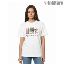 Christmas Movie Friends Crossover Grinch Shirt on white short sleeve shirt for women graphic tee