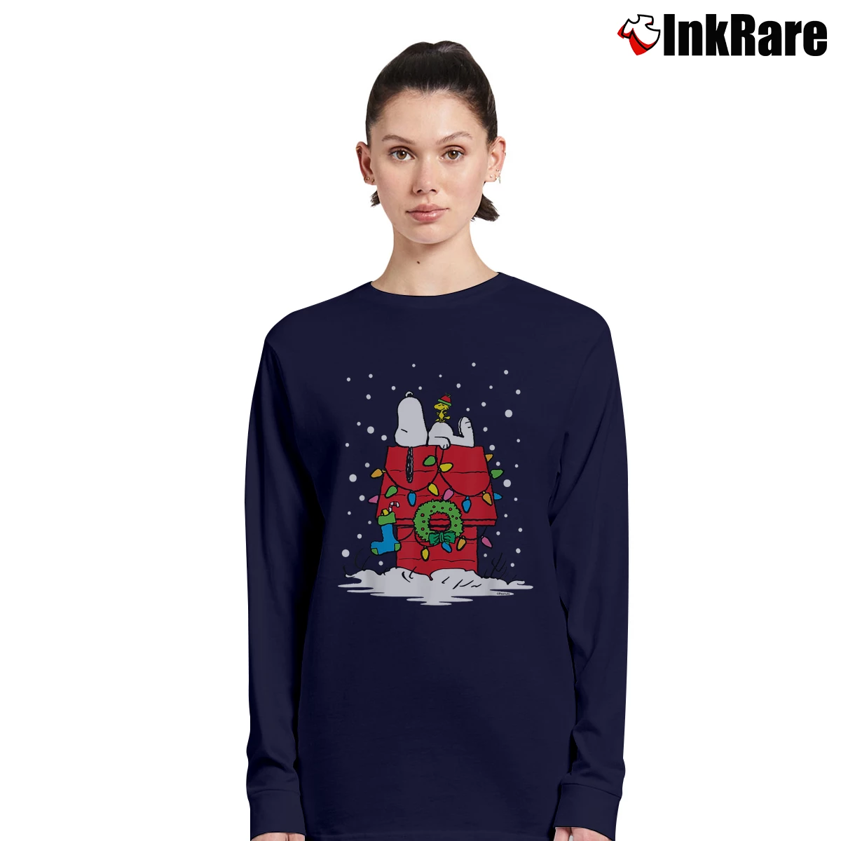 christmas snoopy and woodstock stocking Women’s Long-Sleeve Top in navy – Effortless Layer Women’s christmas snoopy and woodstock stocking Long-Sleeve Top in navy | Sleek, Versatile, All-Season
