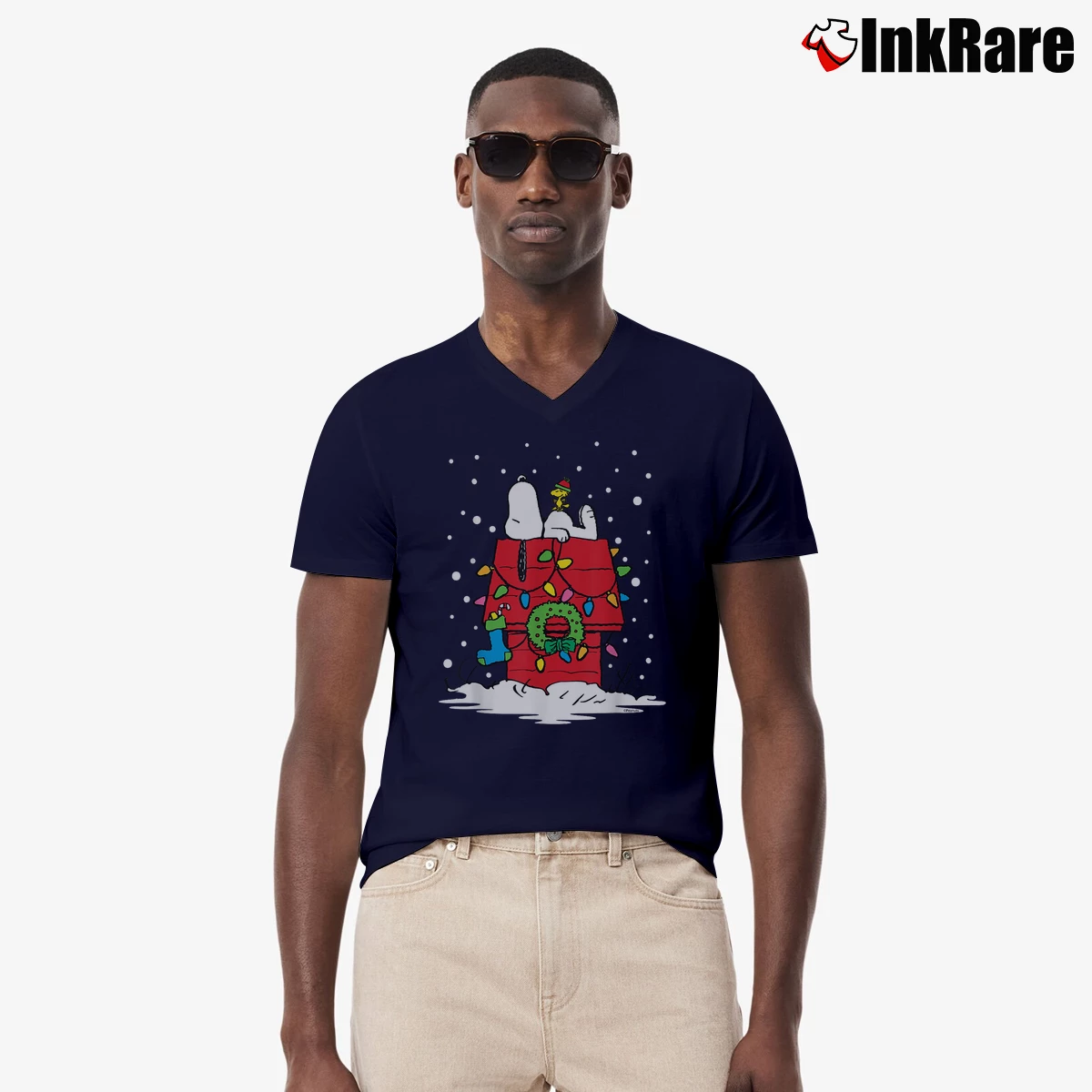 christmas snoopy and woodstock stocking Men’s V-Neck Tee in navy – Modern Essential Men’s christmas snoopy and woodstock stocking V-Neck Tee in navy | Sharp, Breathable, Everyday Staple