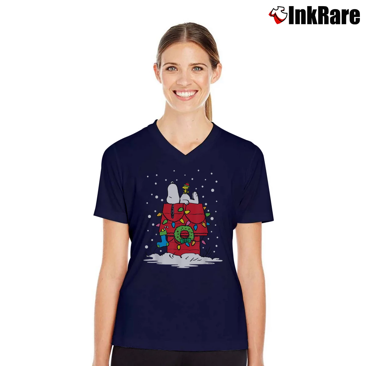 christmas snoopy and woodstock stocking Women’s V-Neck Tee in navy – Flattering Fit Women’s christmas snoopy and woodstock stocking V-Neck Tee in navy | Chic Neckline, Soft Texture
