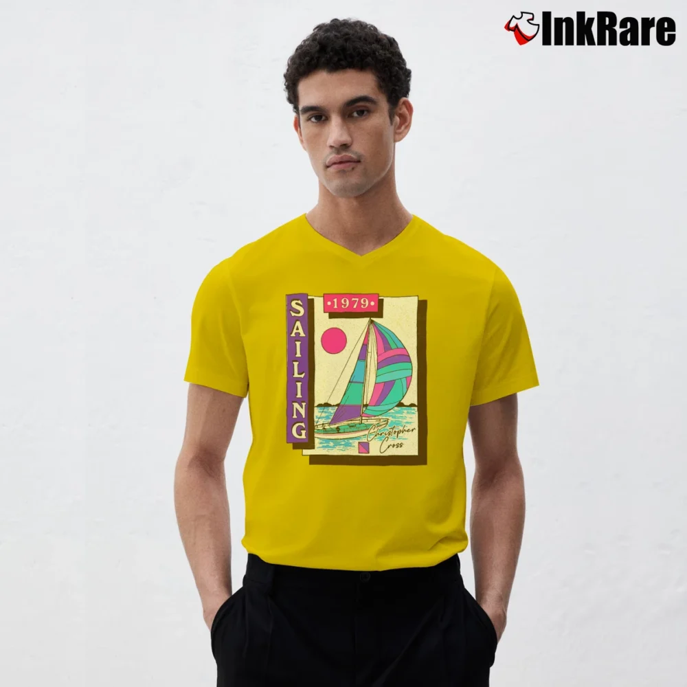 Men’s Christopher Cross Sailing Album V-Neck Tee in yellow | Sharp, Breathable, Everyday Staple
