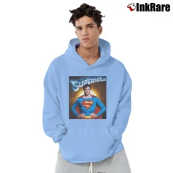Men’s Christopher Reeve Superman Tribute Design Pullover Hoodie in light blue | Cozy, Durable, Modern Fit