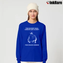 Women’s Chuck Norris Boogeyman Meme Humor Long-Sleeve Top in royal blue | Sleek, Versatile, All-Season