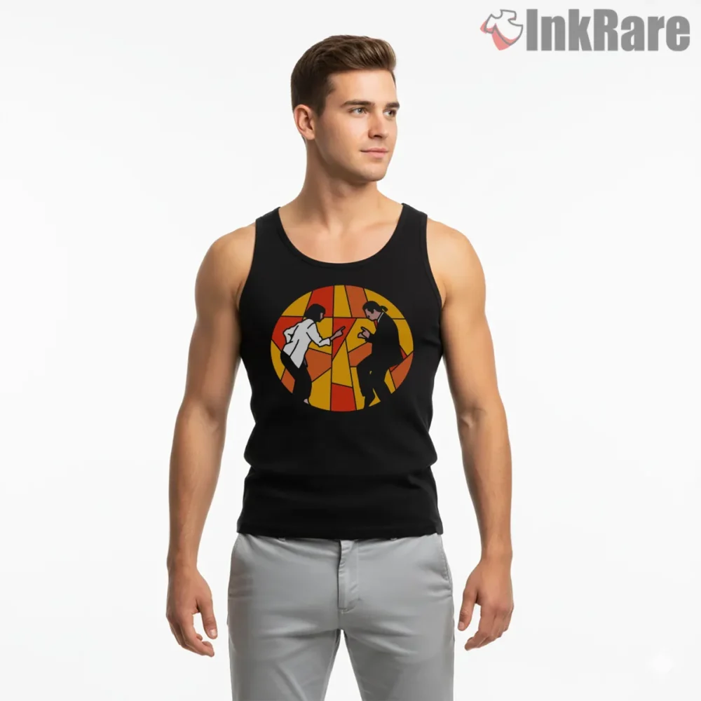 Church Of Tarantino Dance Halo Shirt on black tank top for men graphic tee