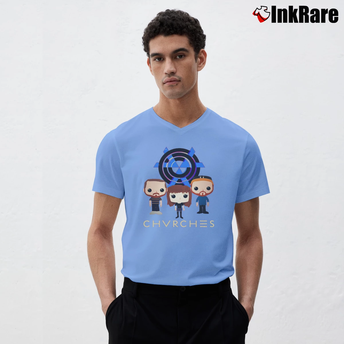 Chvrches Pop Cartoon Men’s V-Neck Tee in light blue – Modern Essential Men’s Chvrches Pop Cartoon V-Neck Tee in light blue | Sharp, Breathable, Everyday Staple