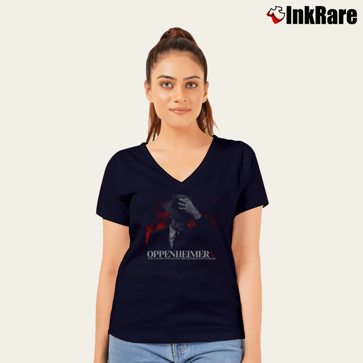 Women’s Cillian Murphy Oppenheimer V-Neck Tee in navy | Chic Neckline, Soft Texture