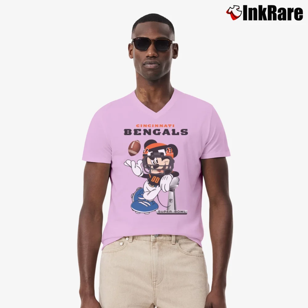 Men’s Cincinnati Bengals Mickey Mouse Super Bowl V-Neck Tee in light pink | Sharp, Breathable, Everyday Staple