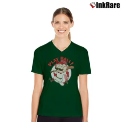 Women’s Cincinnati Reds Mascot Mr Red Play Ball V-Neck Tee in forest green | Chic Neckline, Soft Texture
