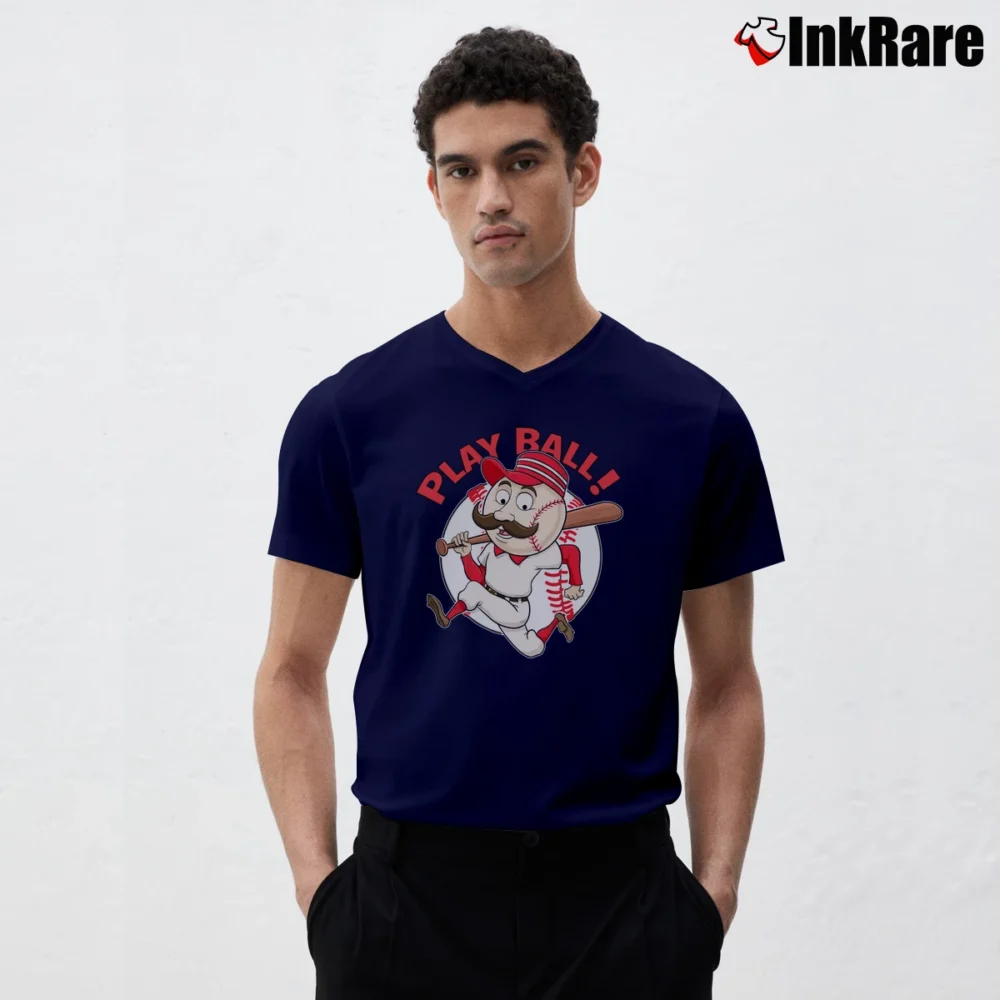 Men’s Cincinnati Reds Mascot Mr Red Play Ball V-Neck Tee in navy | Sharp, Breathable, Everyday Staple