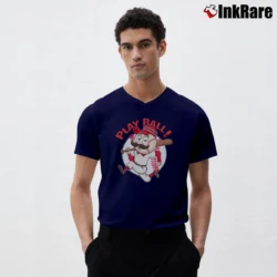 Men’s Cincinnati Reds Mascot Mr Red Play Ball V-Neck Tee in navy | Sharp, Breathable, Everyday Staple