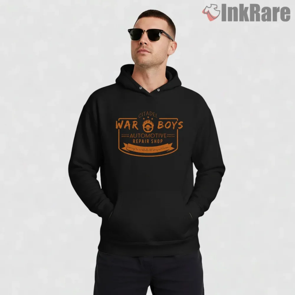 Citadel War Boys Automotive Repair Vintage Garage Shirt on black hoodie for men graphic tee
