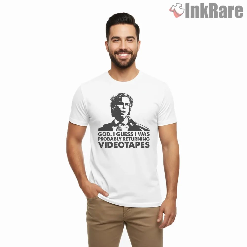 Classic American Psycho Returning Videotapes Quote Shirt on white short sleeve shirt for men graphic tee