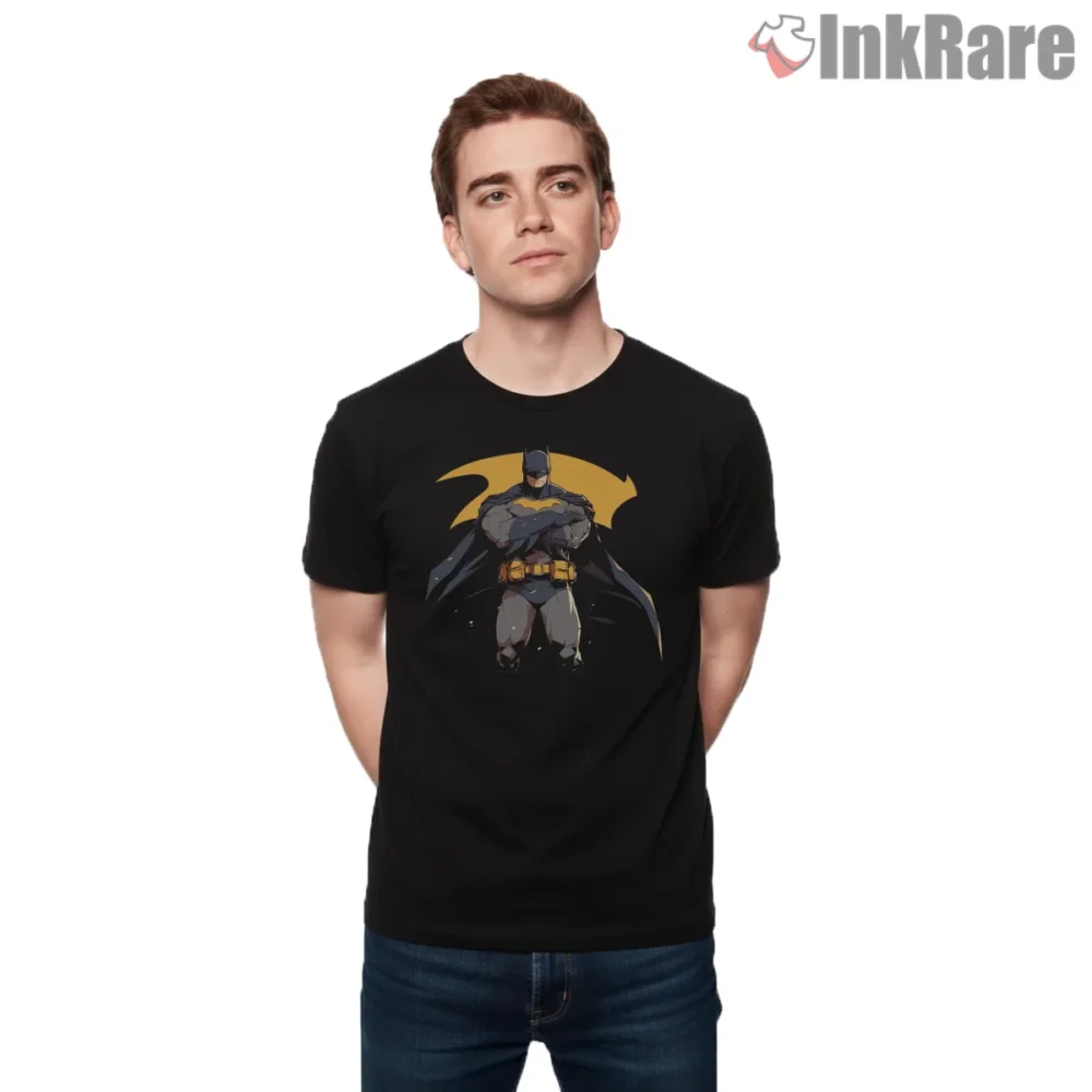 Classic Batman Heroic Stance Emblem Shirt on black short sleeve shirt for men graphic tee