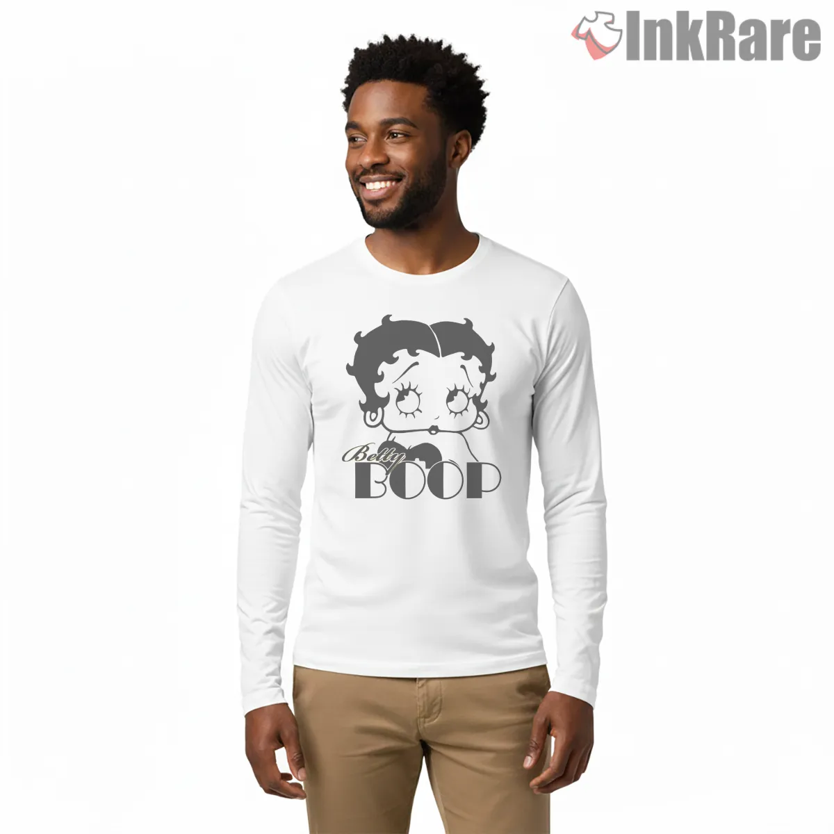 Classic Betty Boop Face Logo Icon Shirt on white long sleeve shirt for men graphic tee