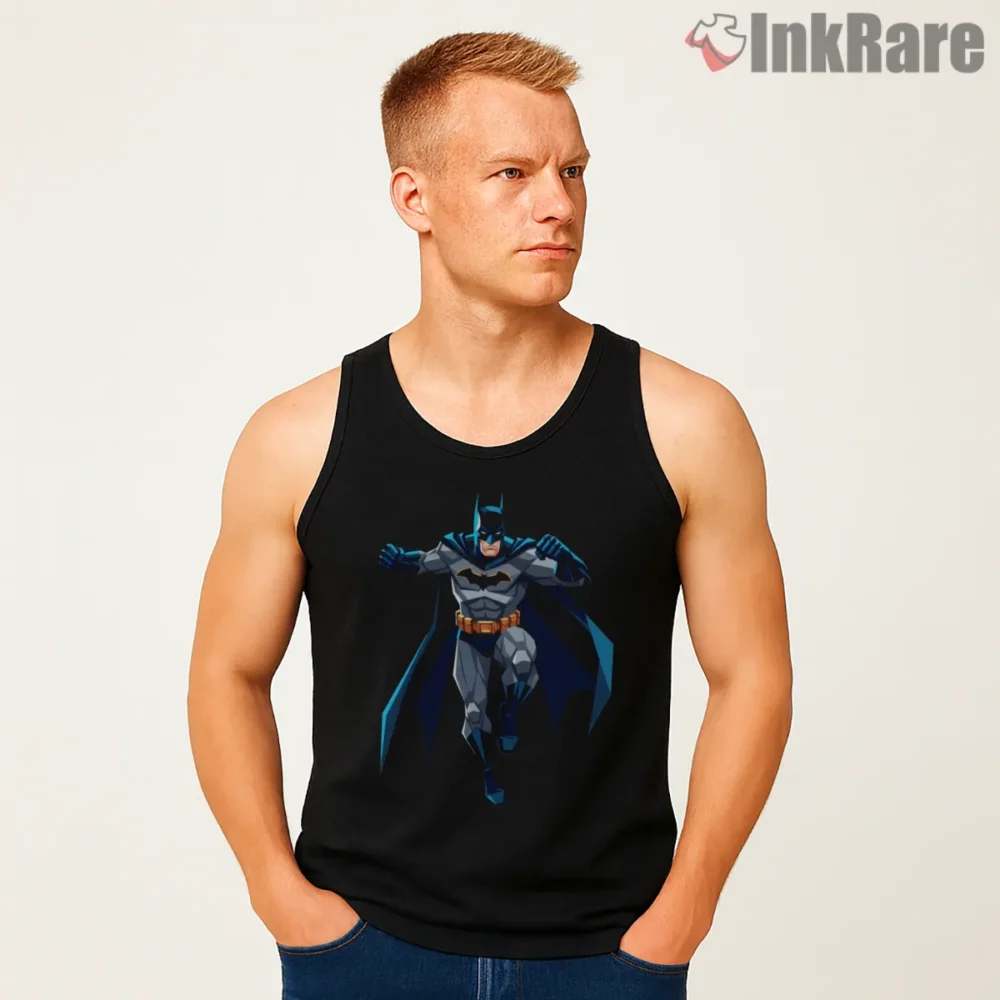 Classic Blue Cape Batman Hero Pose Shirt on black tank top for men graphic tee