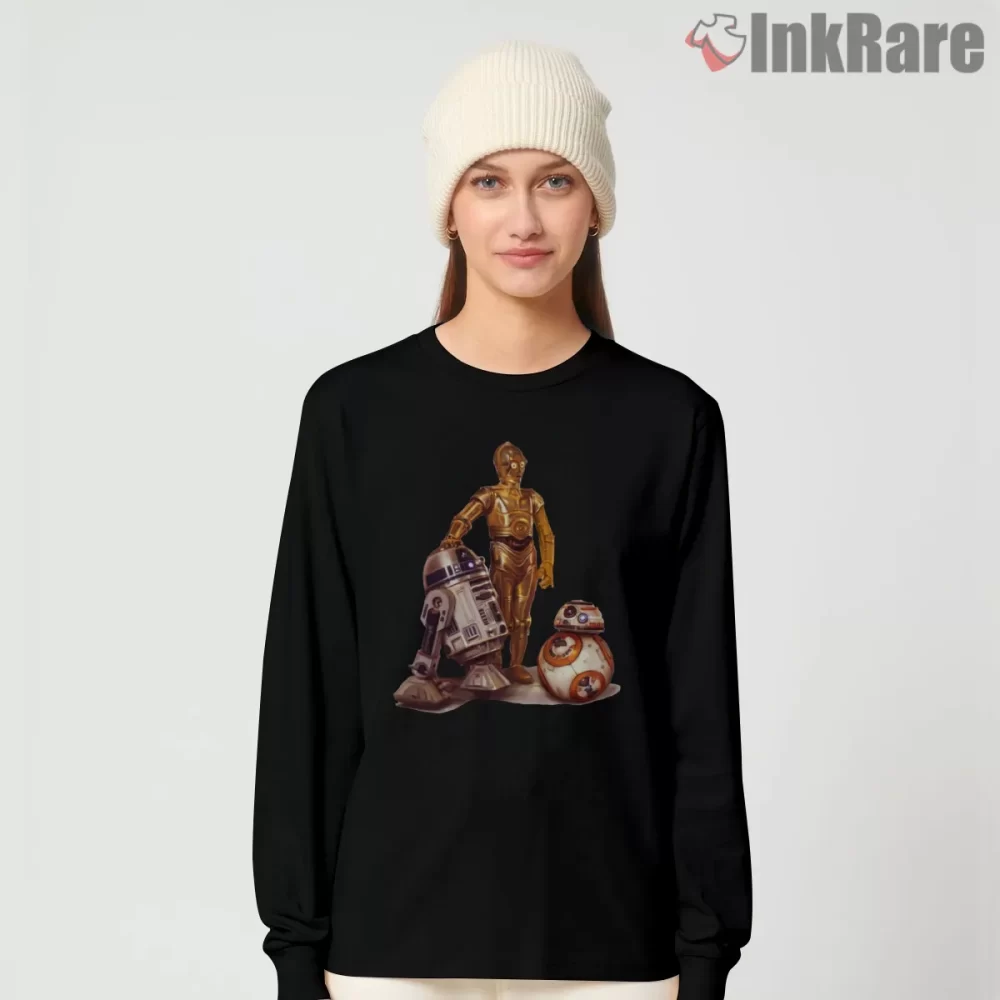 Classic Droid Trio Cinematic Character Shirt on black long sleeve shirt for women graphic tee