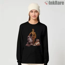 Classic Droid Trio Cinematic Character Shirt on black long sleeve shirt for women graphic tee