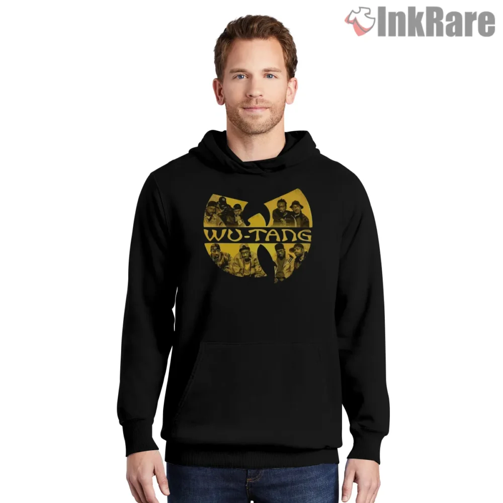 Classic Group Photo Wu Tang Emblem Shirt on black hoodie for men graphic tee