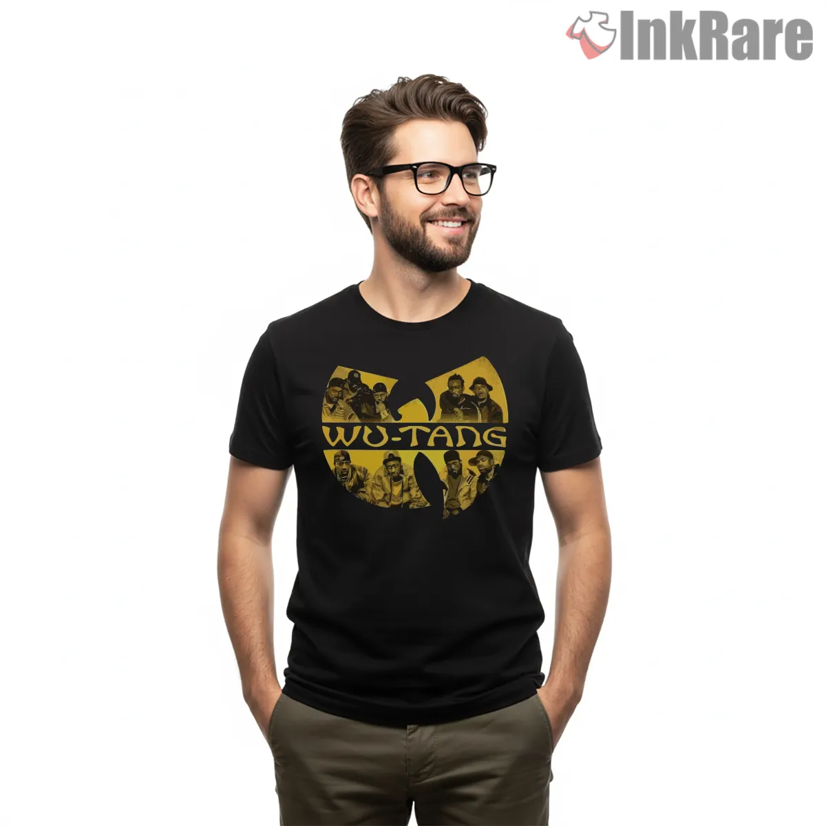 Classic Group Photo Wu Tang Emblem Shirt on black short sleeve shirt for men graphic tee