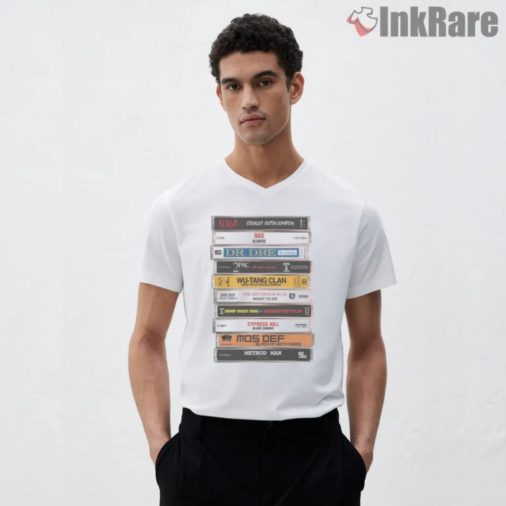 Classic Hip Hop Cassette Stack Tribute Shirt on white v-neck shirt for men graphic tee