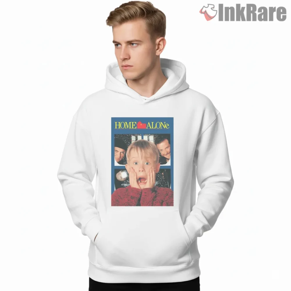 Classic Home Alone Movie Poster Shirt on white hoodie for men graphic tee