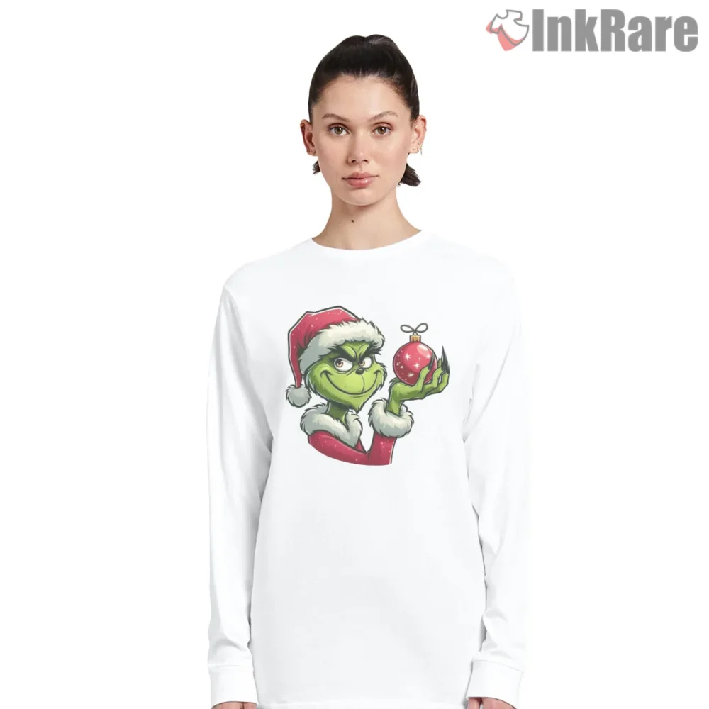 Classic Merry Christmas Grinch Ornament Shirt on white long sleeve shirt for women graphic tee