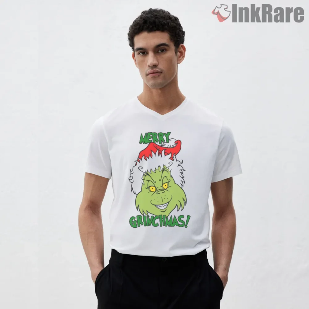 Classic Merry Grinchmas Face Shirt on white v-neck shirt for men graphic tee