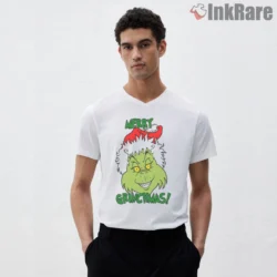 Classic Merry Grinchmas Face Shirt on white v-neck shirt for men graphic tee