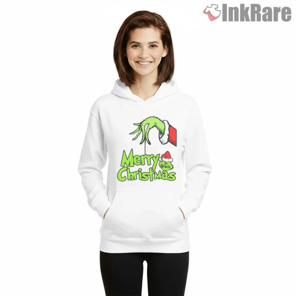 Classic Merry Grinchmas Holiday Mischief Shirt on white hoodie for women graphic tee
