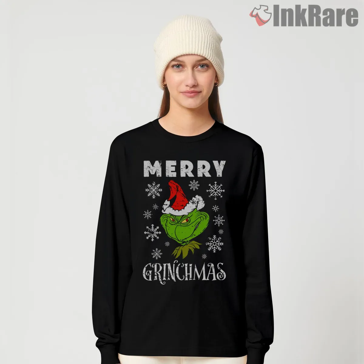 Classic Merry Grinchmas Santa Hat Shirt on black long sleeve shirt for women graphic tee