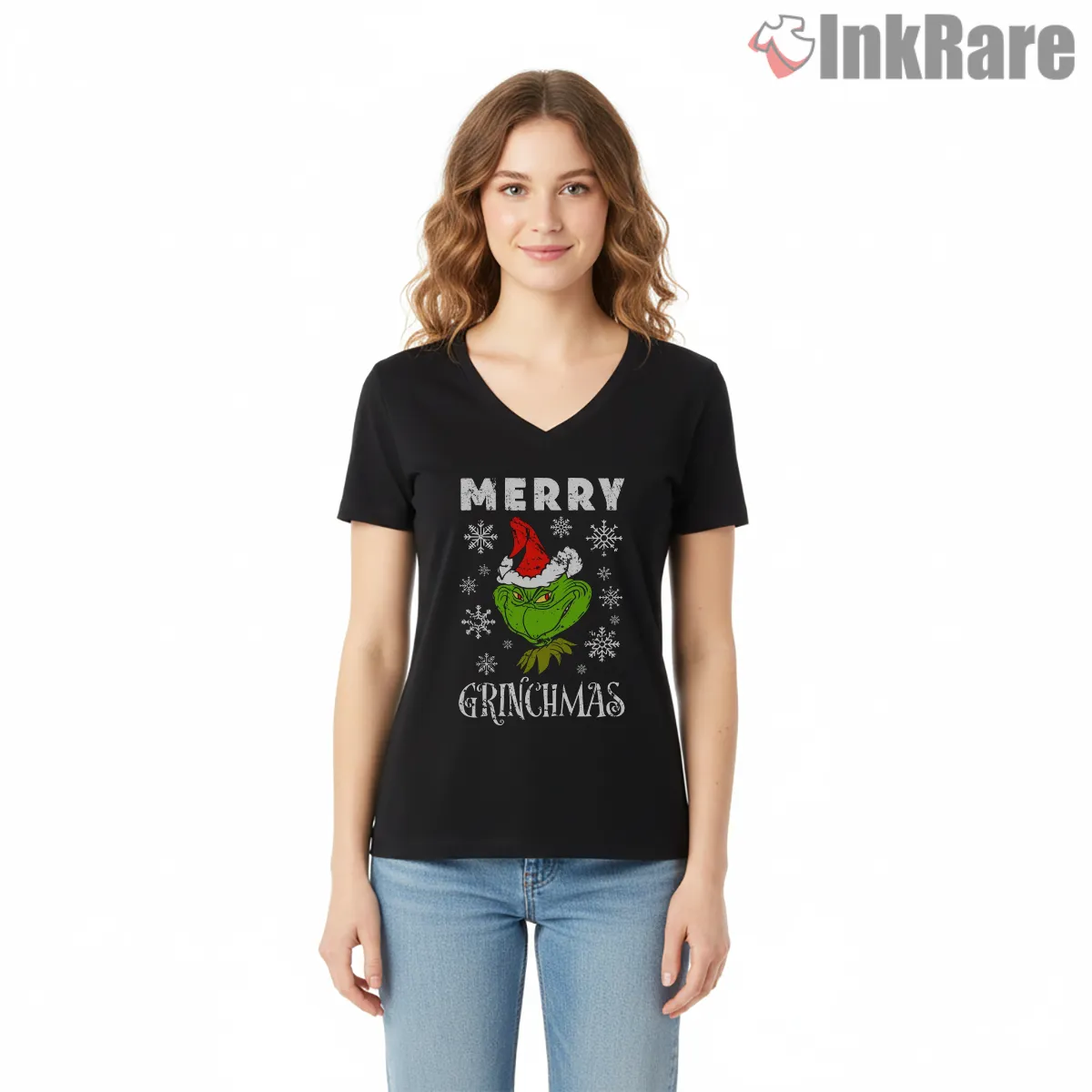Classic Merry Grinchmas Santa Hat V Neck Black Classic Merry Grinchmas Santa Hat Shirt on black v-neck shirt for women graphic tee