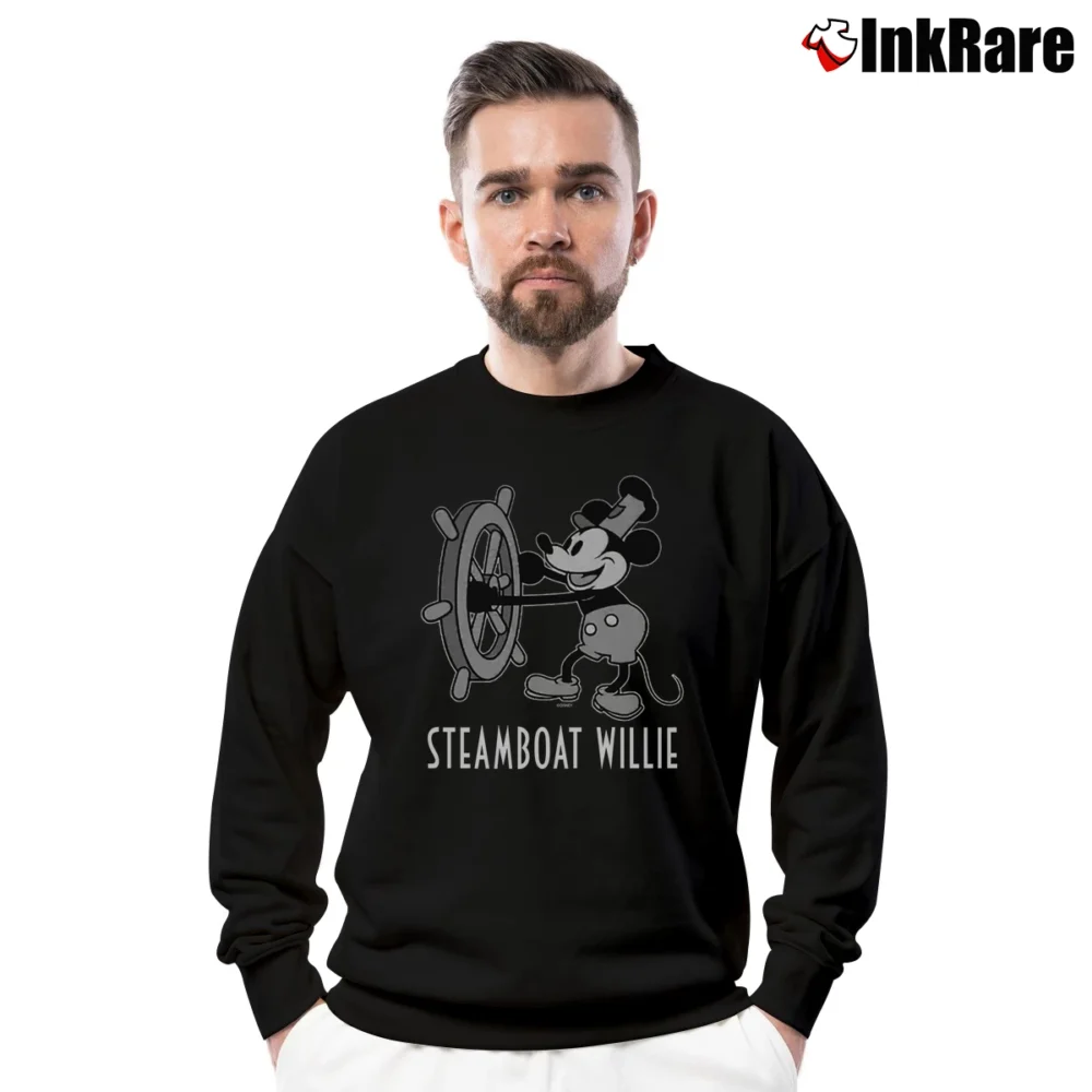 Men’s Classic Mickey Steamboat Willie Crewneck Sweatshirt in black | Cozy Fabric, Clean Style