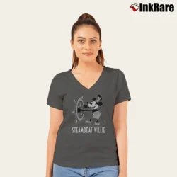 Women’s Classic Mickey Steamboat Willie V-Neck Tee in charcoal | Chic Neckline, Soft Texture