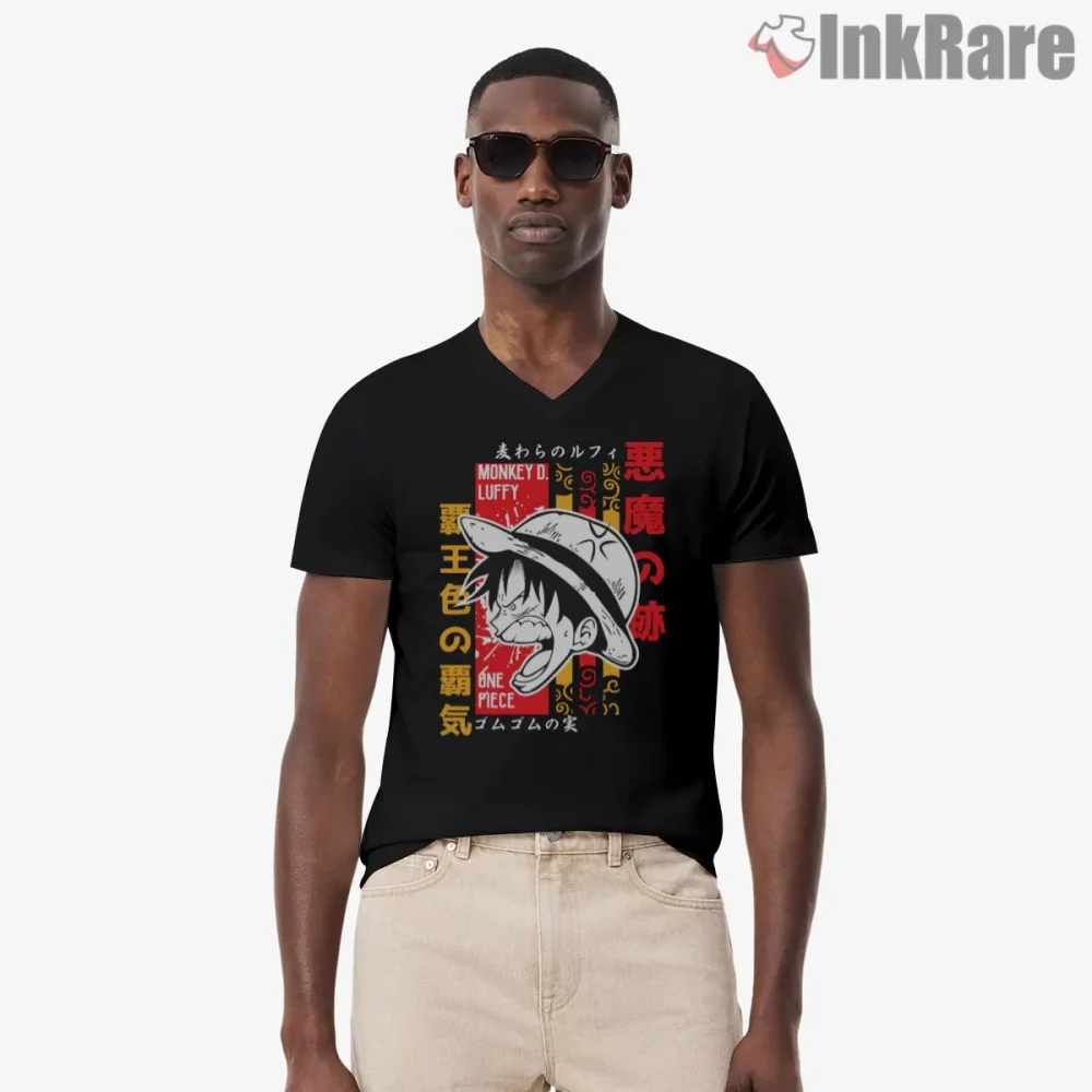 Classic Monkey D Luffy Manga Portrait Anime Shirt on black v-neck shirt for men graphic tee