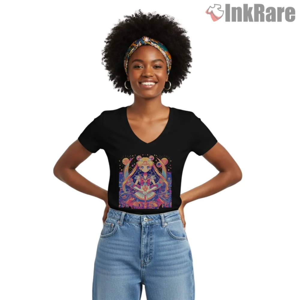 Classic Moon Heroine Iconic Portrait Shirt on black v-neck shirt for women graphic tee