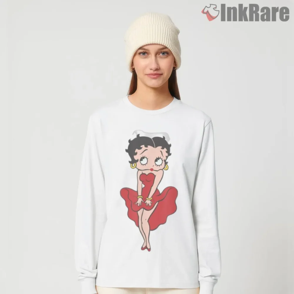 Classic Red Dress Betty Boop Cartoon Shirt on white long sleeve shirt for women graphic tee