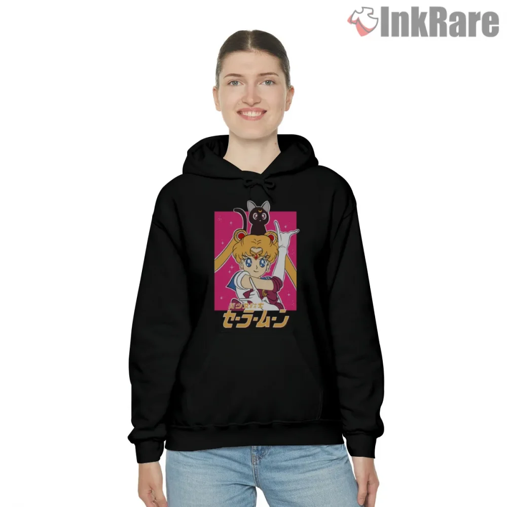Classic Sailor Moon Anime Fan Illustration Shirt on black hoodie for women graphic tee