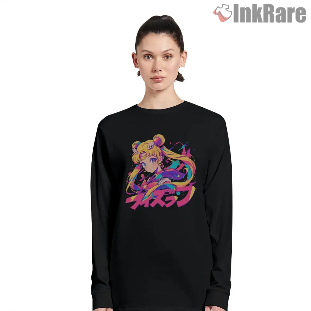 Classic Sailor Moon Color Splash Art Shirt on black long sleeve shirt for women graphic tee