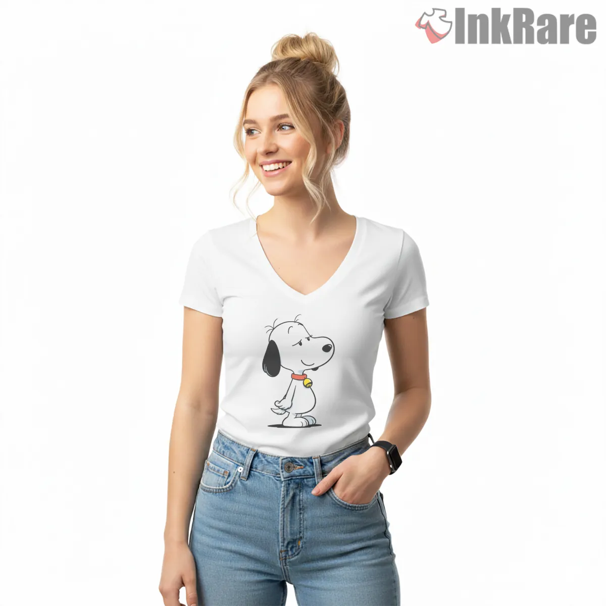 Classic Snoopy Standing Profile Cartoon Shirt on white v-neck shirt for women graphic tee