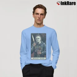 Men’s Classic Tarrot Card Style Michael Myers Halloween Long-Sleeve Shirt in light blue | Sleek, Lightweight, Year-Round Wear