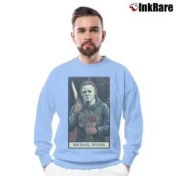 Men’s Classic Tarrot Card Style Michael Myers Halloween Crewneck Sweatshirt in light blue | Cozy Fabric, Clean Style