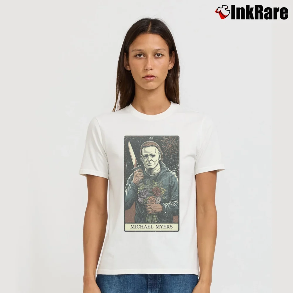 Women’s Classic Tarrot Card Style Michael Myers Halloween Signature T-Shirt in white | Soft, Flattering Fit