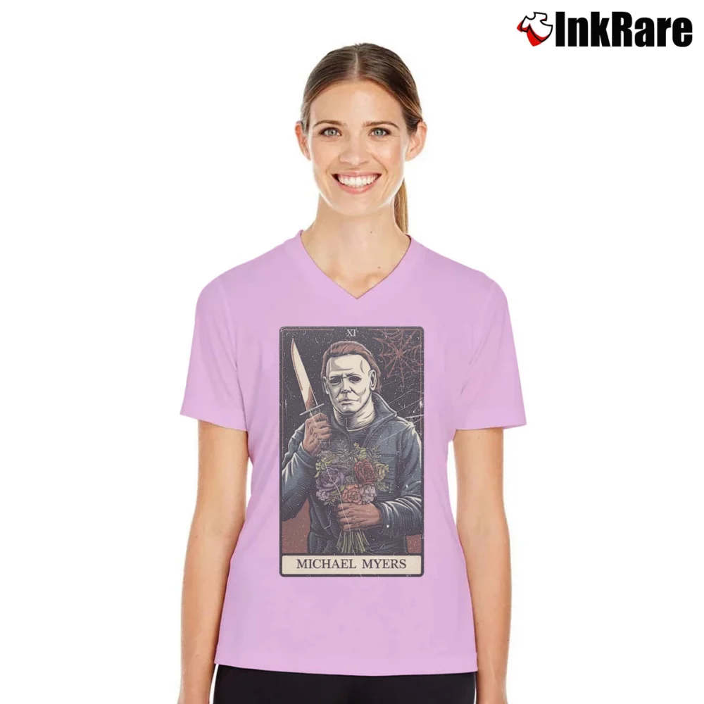 Women’s Classic Tarrot Card Style Michael Myers Halloween V-Neck Tee in light pink | Chic Neckline, Soft Texture