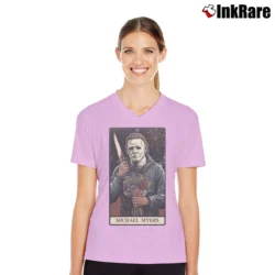 Women’s Classic Tarrot Card Style Michael Myers Halloween V-Neck Tee in light pink | Chic Neckline, Soft Texture