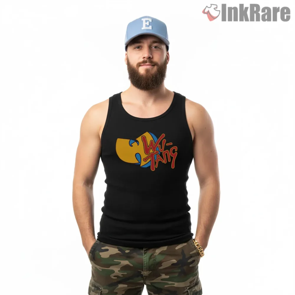 Classic Wu Tang Wordmark Logo Shirt on black tank top for men graphic tee