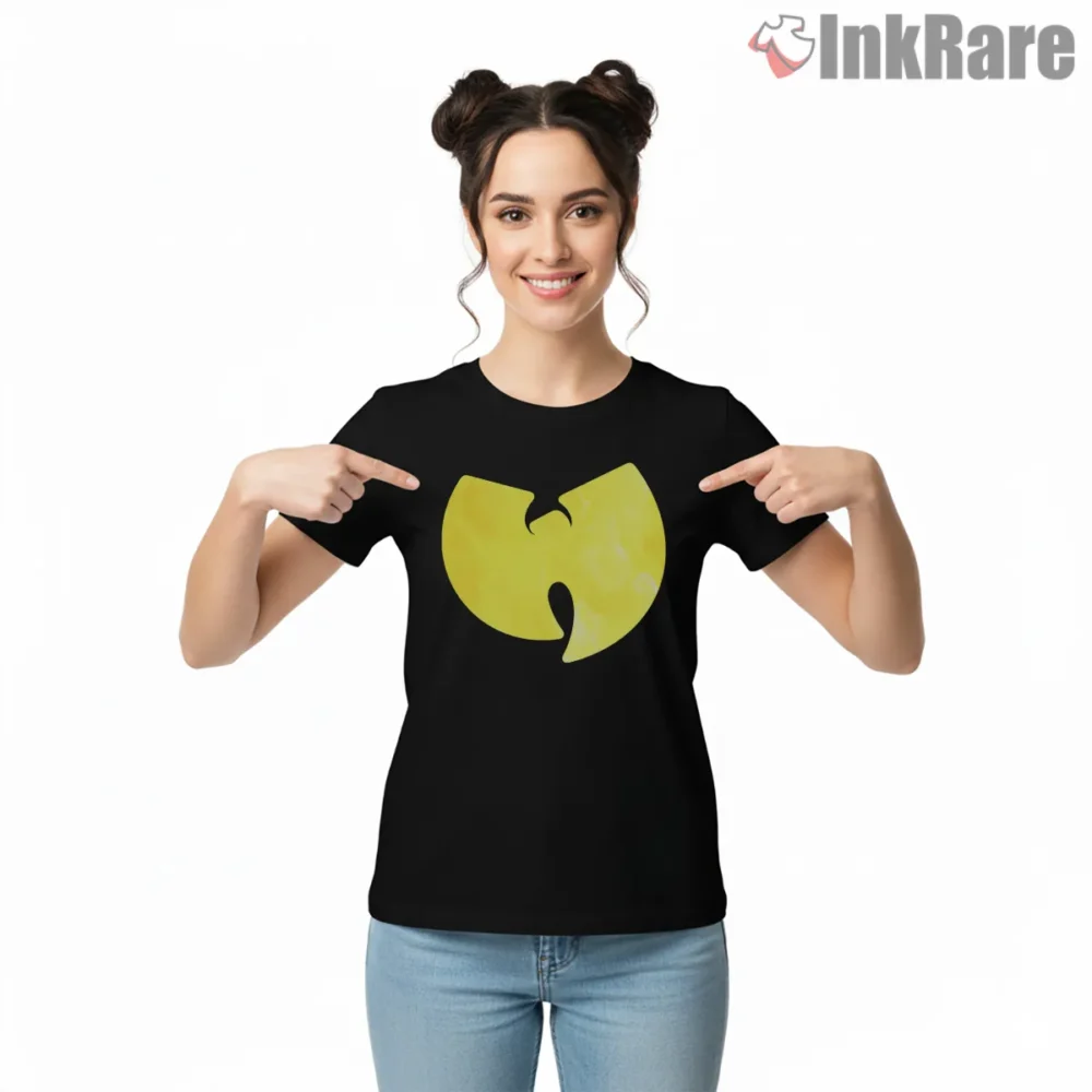 Classic Yellow Wu Tang Emblem Minimalist Shirt on black short sleeve shirt for women graphic tee