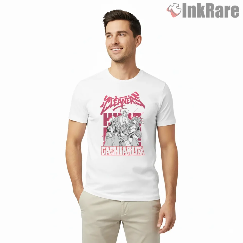 Cleaners Group Sketch Red Typography Anime Shirt on white short sleeve shirt for men graphic tee