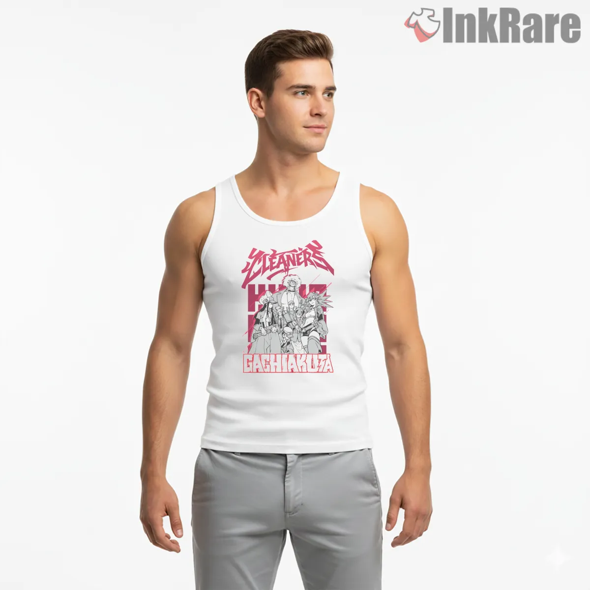 Cleaners Group Sketch Red Typography Anime Shirt on white tank top for men graphic tee