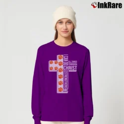 Women’s Clemson University Tiger Paw I Can Do All Things Through Christ Who Strengthens Me Long-Sleeve Top in purple | Sleek, Versatile, All-Season